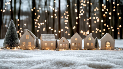 Fototapeta premium Whimsical Christmas village with tiny houses and twinkling lights in snow