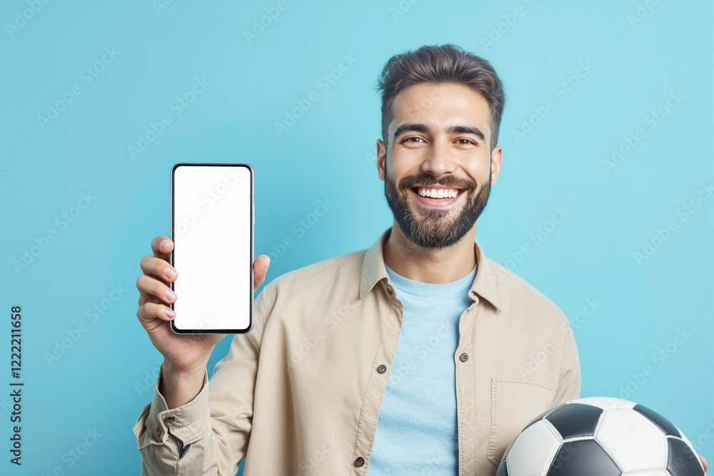 Poster man holding smartphone with blank screen and a soccer ball, smiling on light blue background.