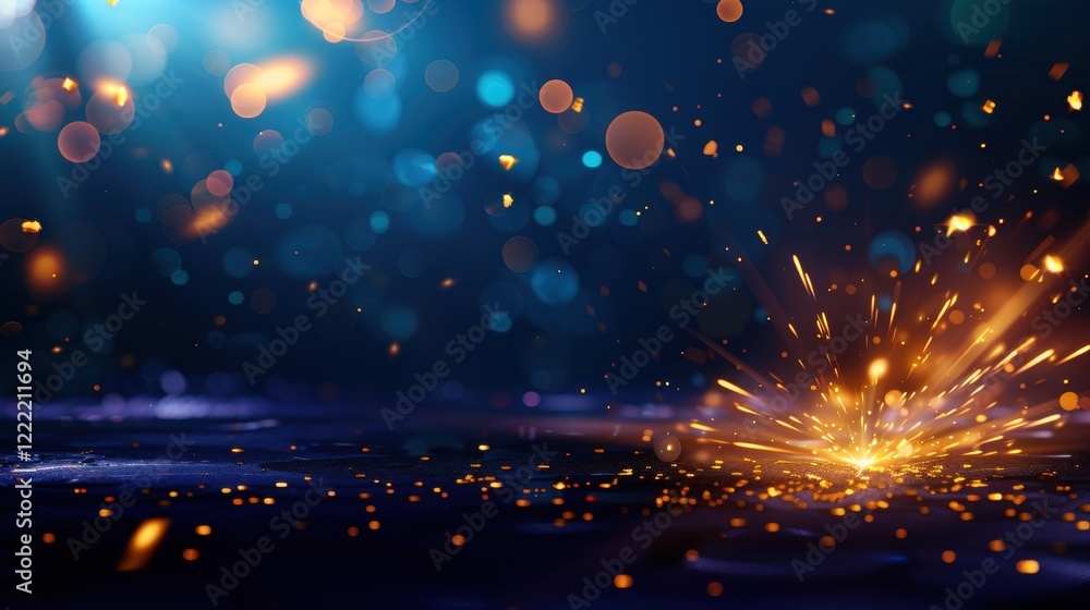 Poster a vibrant explosion of light and color, featuring shimmering sparks against a deep blue backdrop, cr