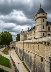 Fototapeta premium Historic Bastille fortress with towers under dramatic cloudy sky