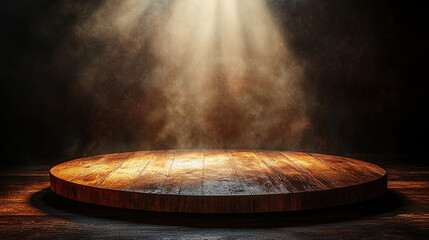 A round wooden podium stage illuminated by a spotlight from above with a dark foggy background featuring rough wood texture and a minimalistic bright tone with blurred empty space on the side

