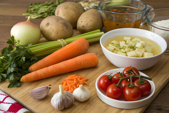 Fresh vegetables and ingredients for cooking on wooden cutting board 
