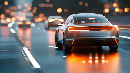 Smart autonomous cars navigating a glowing urban landscape at night futuristic technology showcase dynamic motion high-speed viewpoint