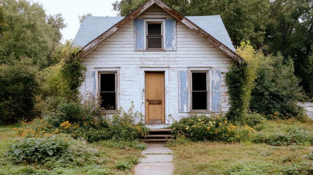 Abandoned house with hollow windows, overgrown garden, lifeless atmosphere