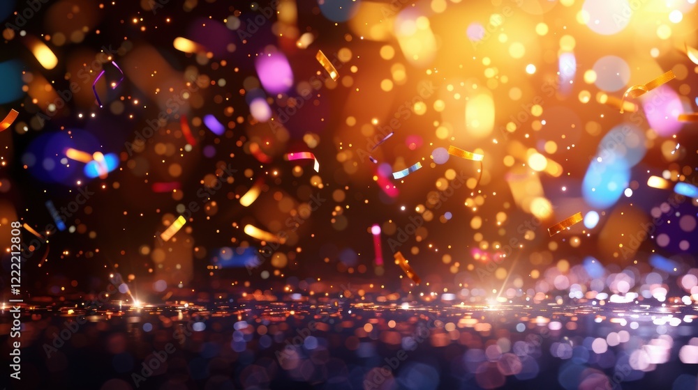 Poster a vibrant display of colorful bokeh lights and glimmering particles, creating a magical and festive 
