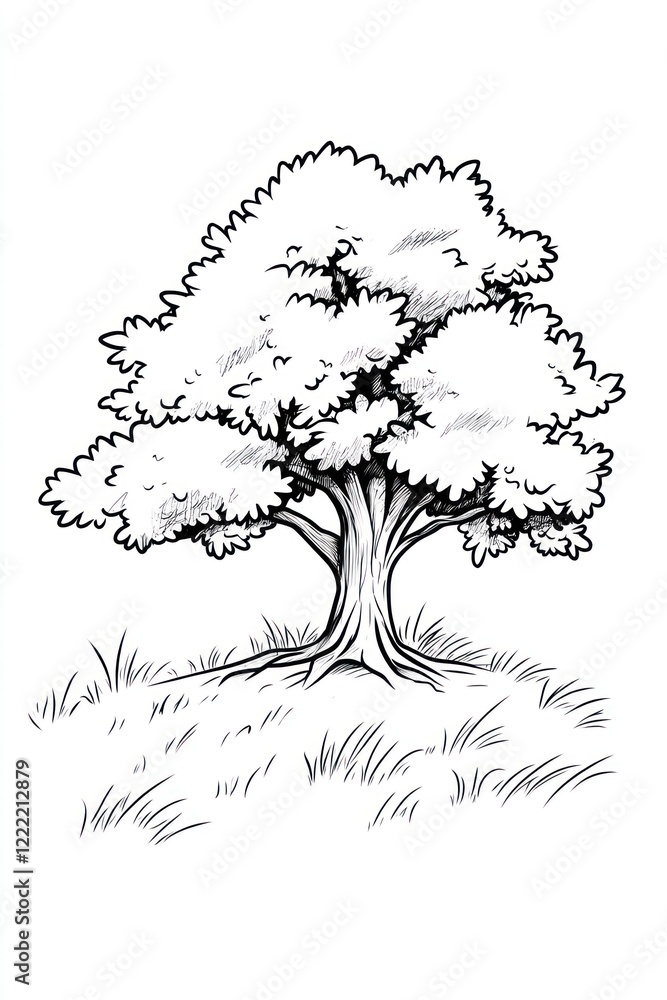 Poster a hand-drawn illustration of a tree with a thick trunk and leafy branches. the tree is set against a