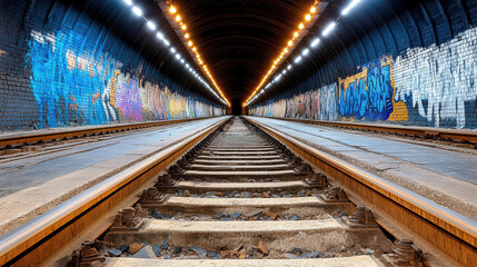 Fototapeta premium Abandoned subway tunnel with colorful graffiti and flickering lights