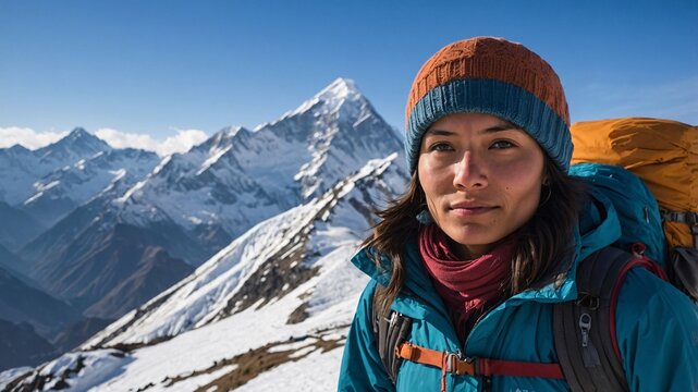 Journey through snow-capped peaks with a adventurous female traveler embracing the beauty of the mountains in the early morning light