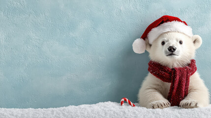 adorable polar bear cub wearing Santa hat and scarf, celebrating Christmas cheer