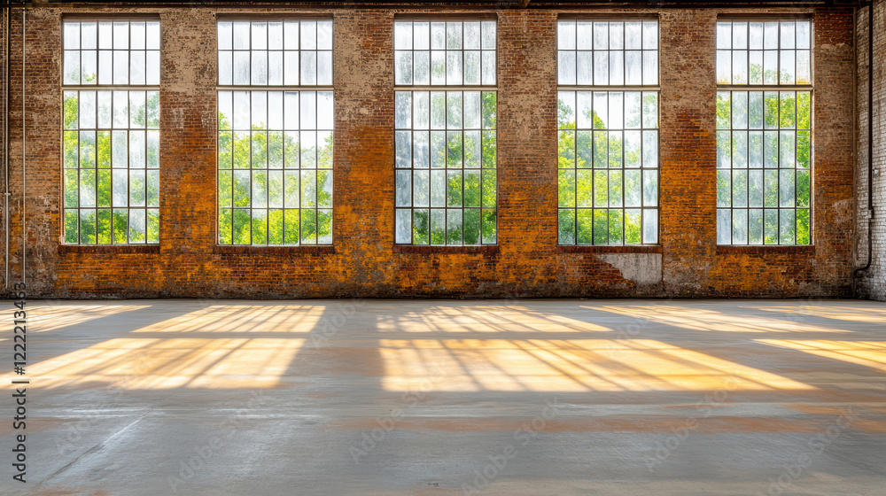 Poster empty factory floor with large windows and natural light streaming in