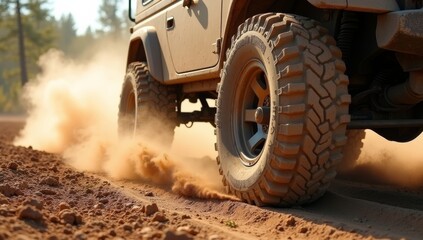 Off-road vehicle kicking up dust on dirt road