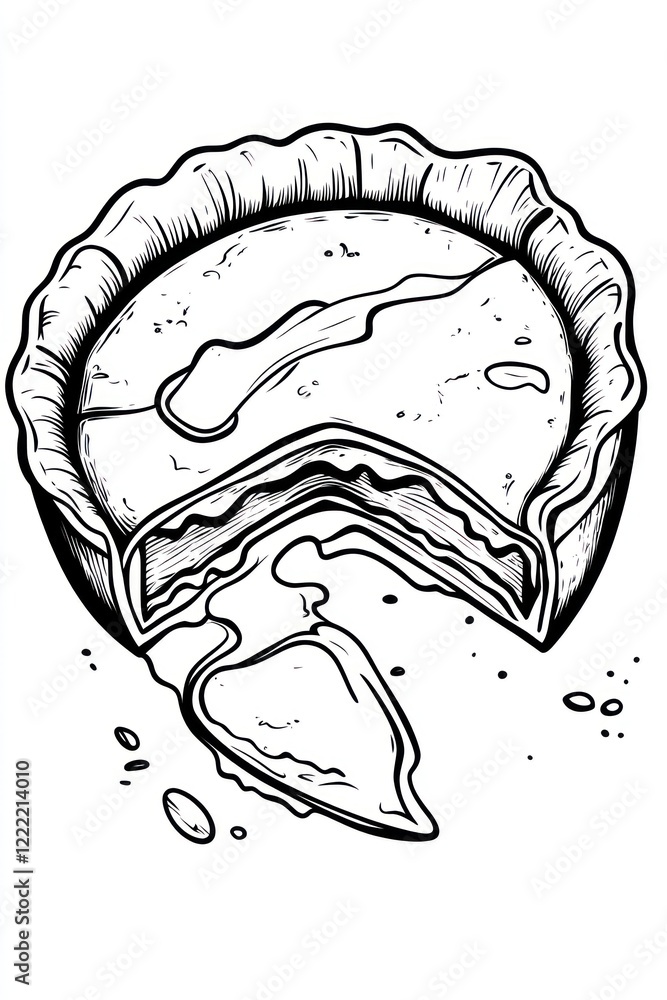 Poster a line drawing of a pie with a slice removed.