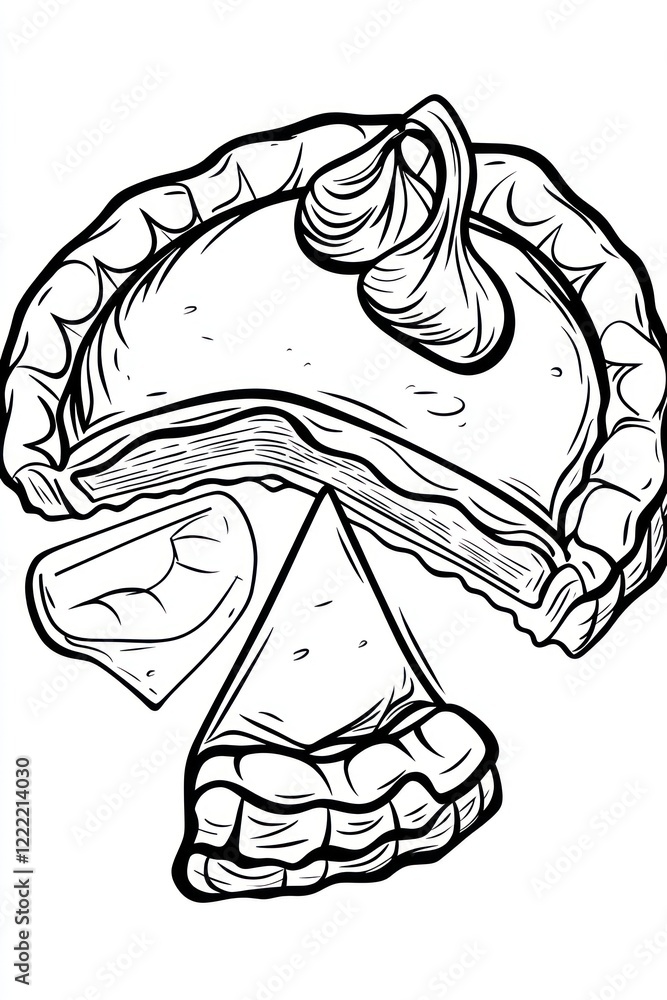 Poster a line drawing of a pie with one slice removed, showing the flaky crust and filling.