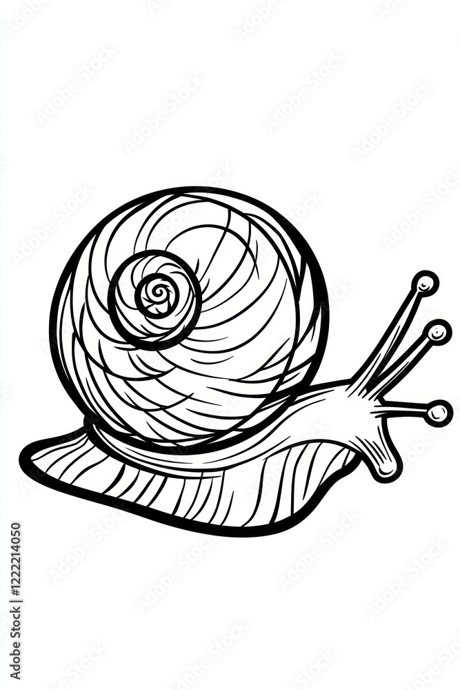 Poster a line drawing of a snail with a spiral shell.