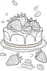 A line drawing of a strawberry cheesecake with whipped cream and falling strawberries and leaves.