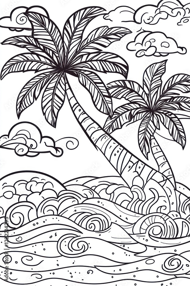 Poster a line drawing of two palm trees on a tropical beach with crashing waves.