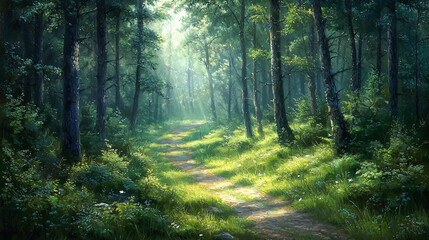Obraz premium Serene forest path illuminated by sunlight, surrounded by lush greenery and vibrant flora