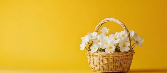 White flowers in wicker basket on yellow background.