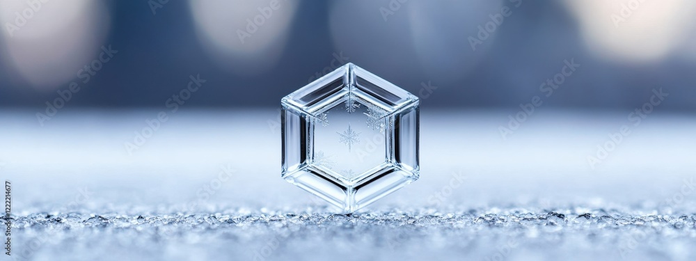 Poster clear hexagonal ice crystal on smooth surface with blurry background