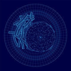 Blue plate with a burger and fries on it. The burger is cut in half and the fries are scattered around it