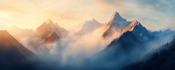 Majestic mountains shrouded in mist at sunrise.