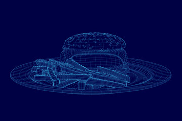 Blue plate with a hamburger and fries on it.