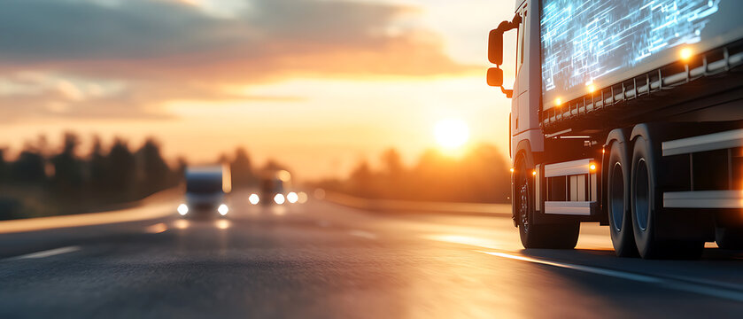 Hightech cargo vehicles driving at dusk on a glowing highway urban environment dynamic perspective modern transportation concept