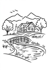 Naklejka premium A simple black and white drawing of a house in the countryside, with a bridge over a river and mountains in the background.