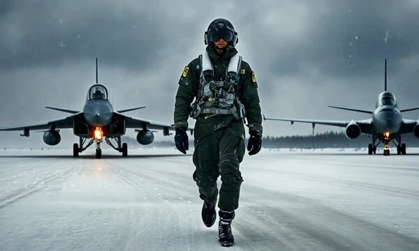 Elite Military Fighter Pilot Walking on Arctic Runway Between Combat Jets at Dawn - Strategic Defense Forces Training