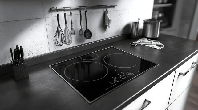 Electric stove on kitchen counter top with hang rag, whisk, turner and scissors. Induction cooking panel, black ceramic cooktop on steel table. Realistic 3d vector countertop with electrical plate