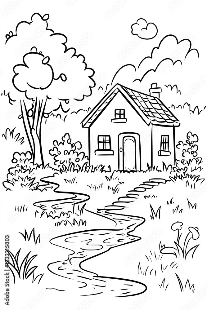 Poster A simple black and white illustration of a small cottage with a stream running in front of it.