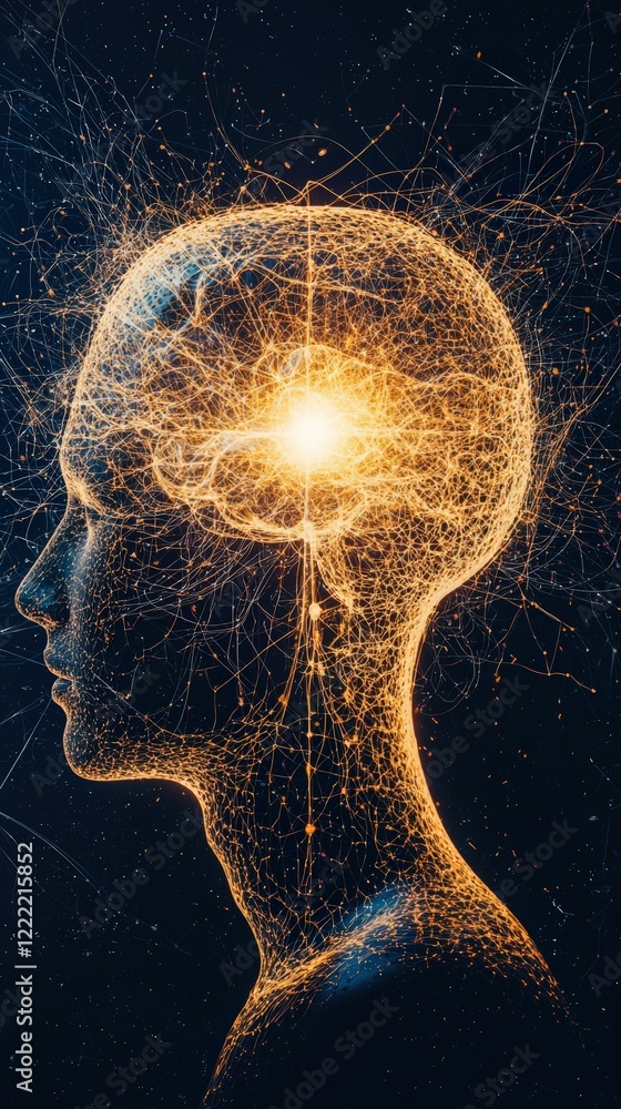 Poster illuminated head with brain sparks and neural connections in dark background for conceptual imagery