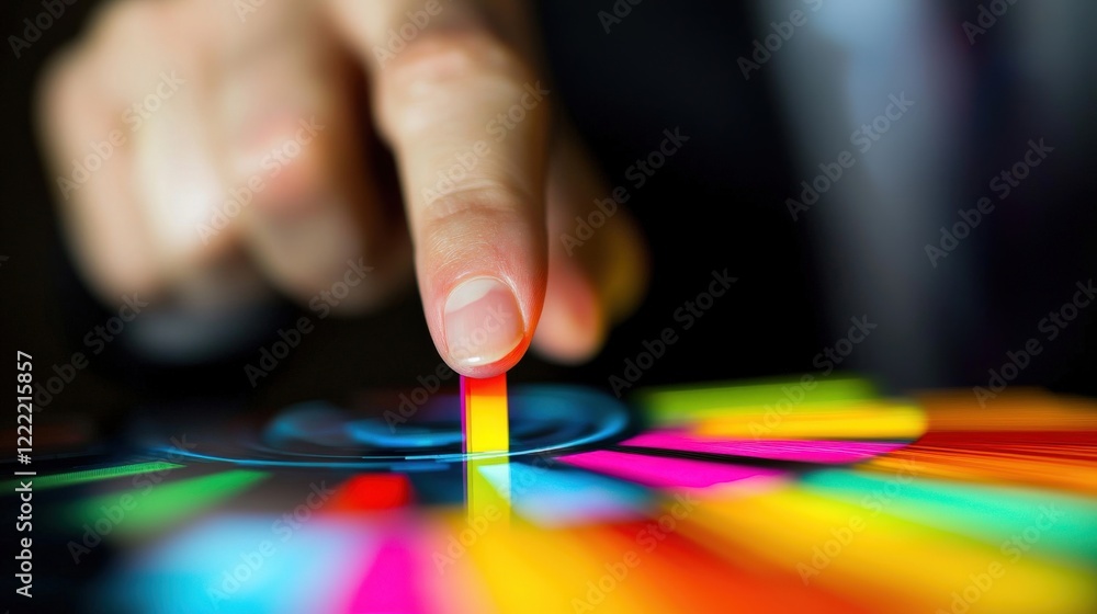 Aufkleber close-up of a finger touching colorful digital display with vibrant graphic elements and abstract de