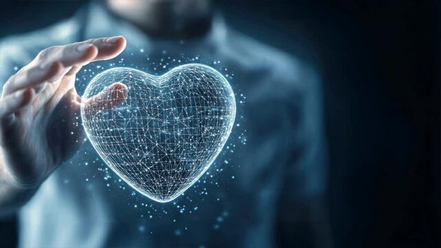 A glowing digital heart hologram touched by a hand on a dark background, reflecting cardiovascular health, heart failure symptoms, and cardiologist advancements