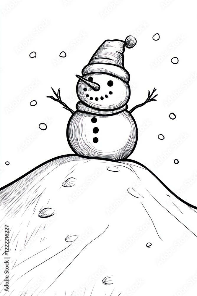 Poster a simple black and white line drawing of a snowman with a hat and carrot nose standing on a snowdrif
