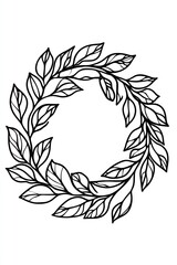 A simple black and white line drawing of a wreath with leaves.