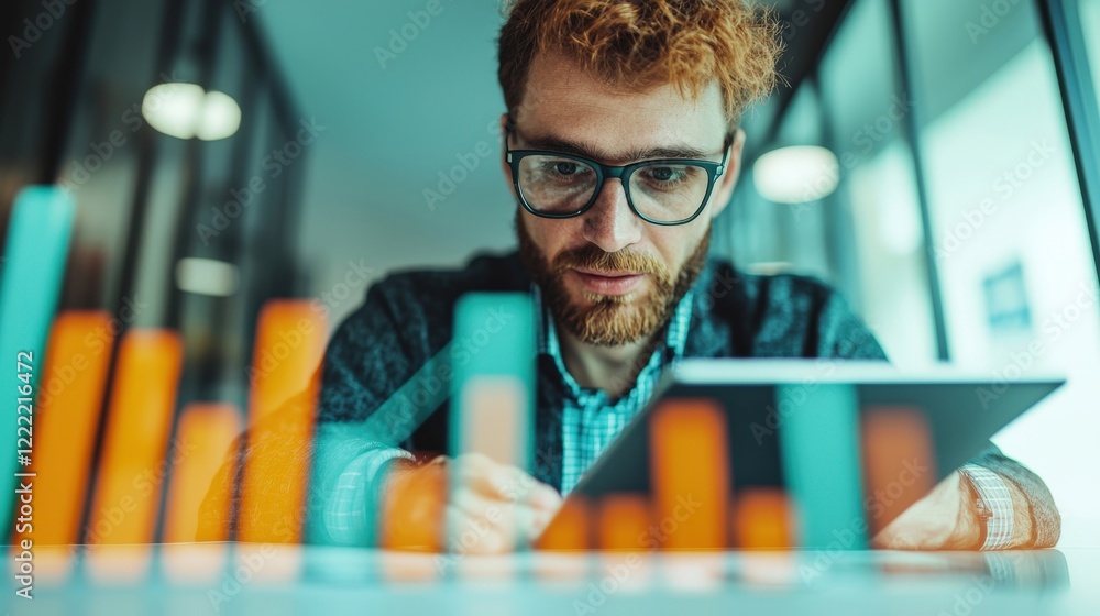 Poster young man analyzing financial data on tablet with focus on colorful bar graphs in modern office envi