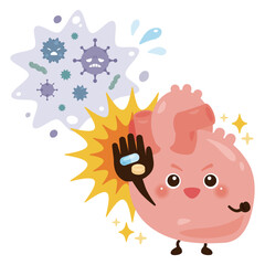 ウイルスを薬剤で治療して元気になる心臓のキャラクターイラスト