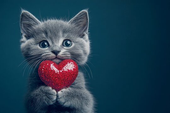 Pixiebob - my cherished cat. Commercial idea. Cute pixiebob feline infant with sparkling rhinestones red heart - emblem of love, funny greeting card. Romantic red kitten. Cute february 14 cat.
