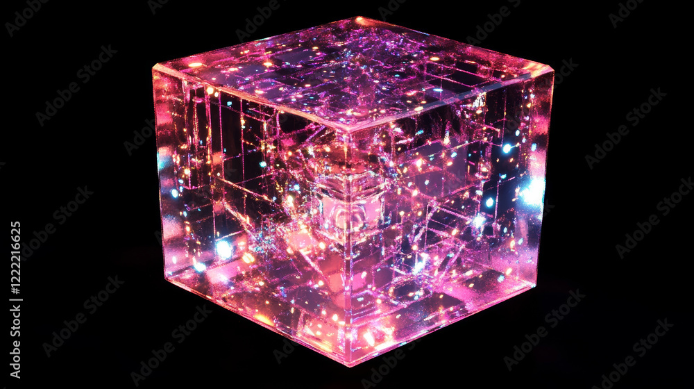 Poster 3d holographic prism cube with abstract light. isometric square cuboid shape in iridescent pink. fut