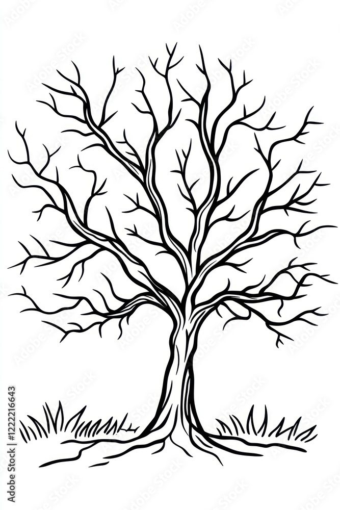 Poster a simple line drawing of a bare tree with a thick trunk and roots.