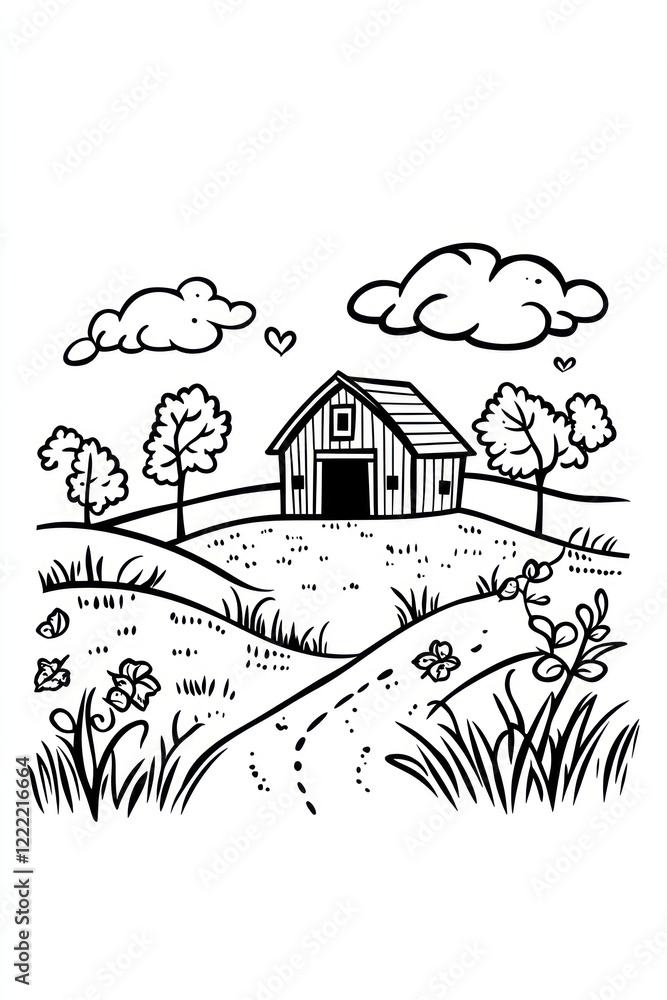 Poster a simple line drawing of a barn in a field with trees, clouds, and a winding path.