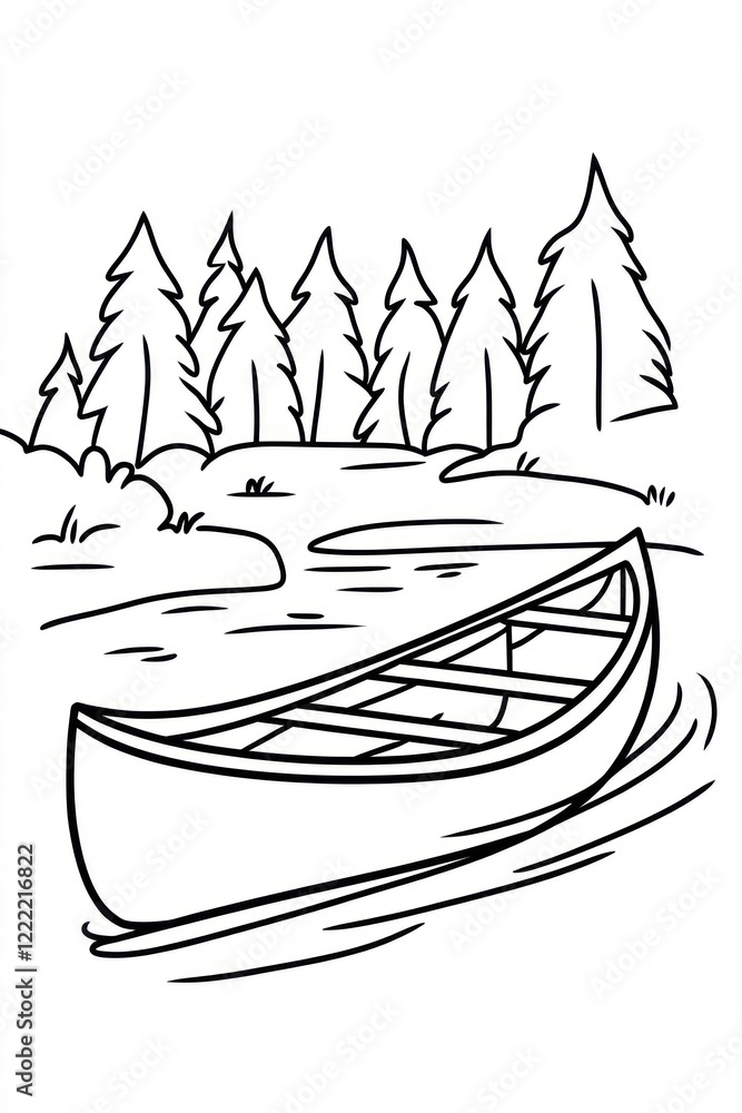 Poster a simple line drawing of a canoe on a lake with trees in the background.