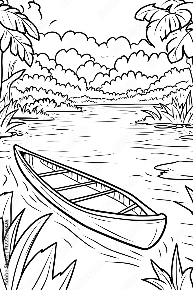 Poster a simple line drawing of a canoe on a river with palm trees and a cloudy sky.