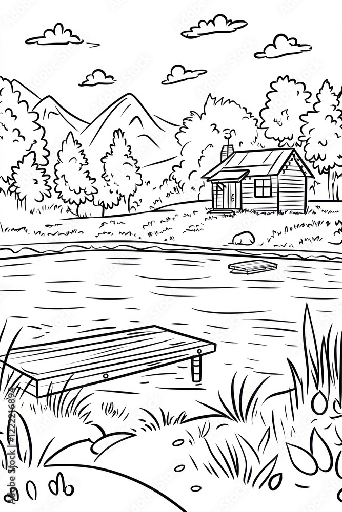 Poster a simple line drawing of a cabin by a lake with a wooden dock in the foreground and mountains in the