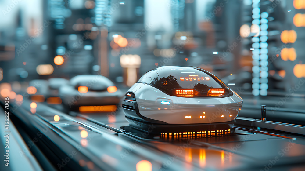 Poster futuristic autonomous vehicle charging event at glowing dock in urban environment technology concept