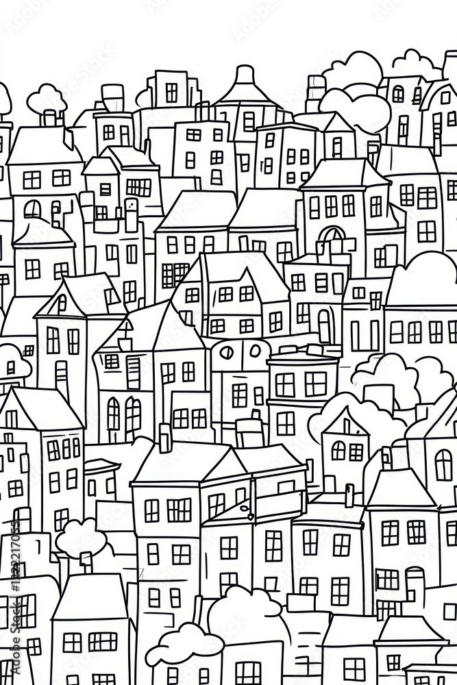 Poster a simple line drawing of a cityscape with many houses and some trees.