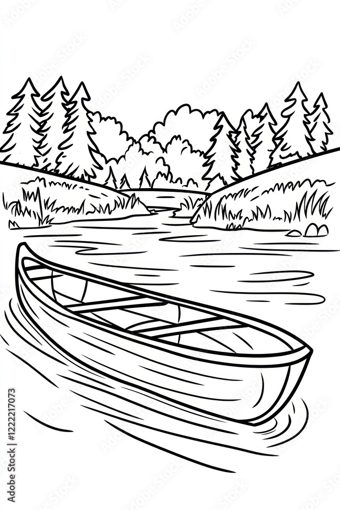 Poster a simple line drawing of a canoe on a river with trees on the banks.
