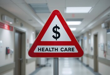Cautionary sign with a dollar symbol emphasizes rising healthcare costs in a hospital corridor.