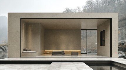 Serene Minimalist Pavilion: Architectural Design in Mountain Landscape